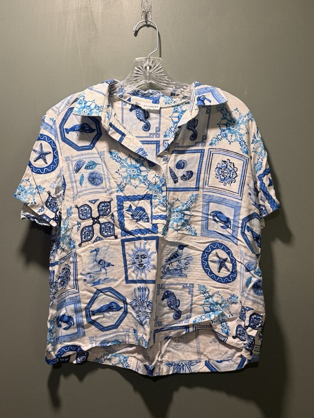 Jane and Delancey Linen Blend Nautical Beach Print Shirt Women’s Blue White Med